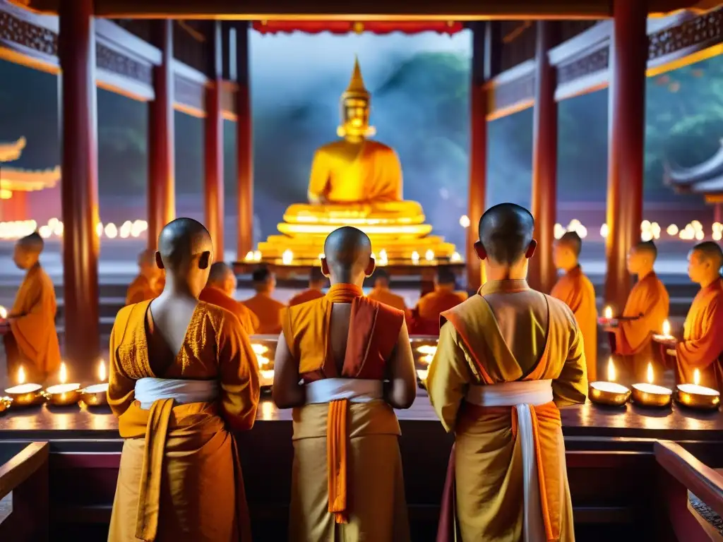 Monjes budistas en ceremonia con instrumentos musicales, velas y arquitectura detallada