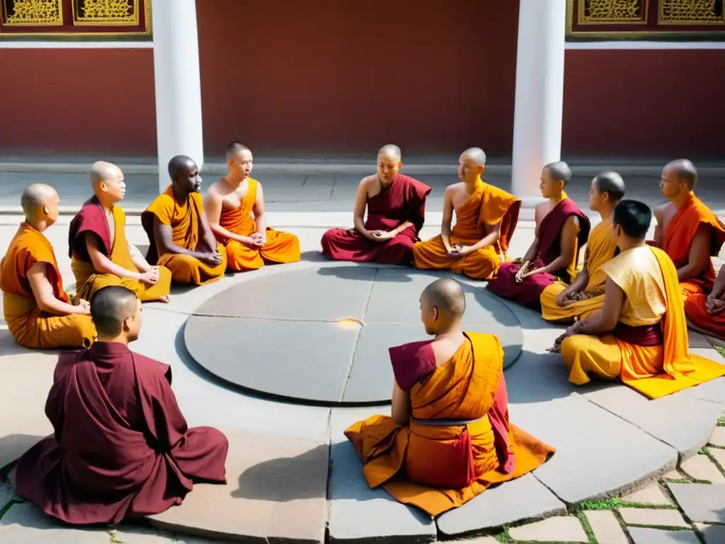 Monjes budistas participan en un diálogo interreligioso en un templo asiático, mostrando respeto y cooperación en la sociedad asiática