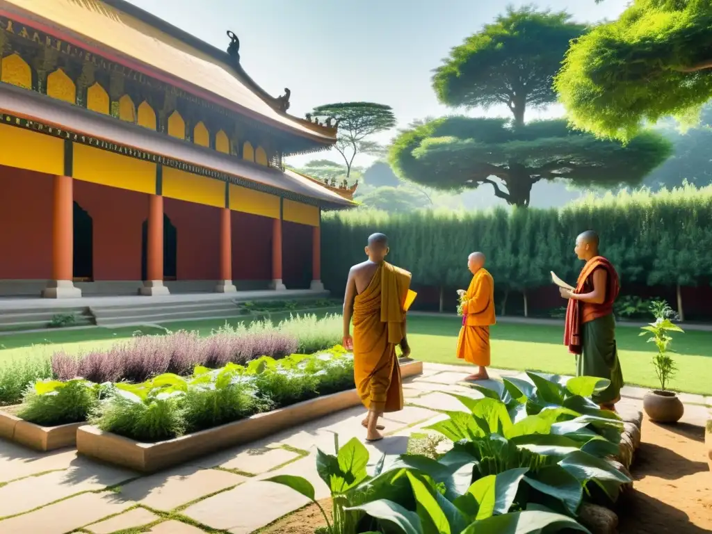 Monjes budistas cuidan un exuberante jardín, rodeados de árboles antiguos en un templo sereno