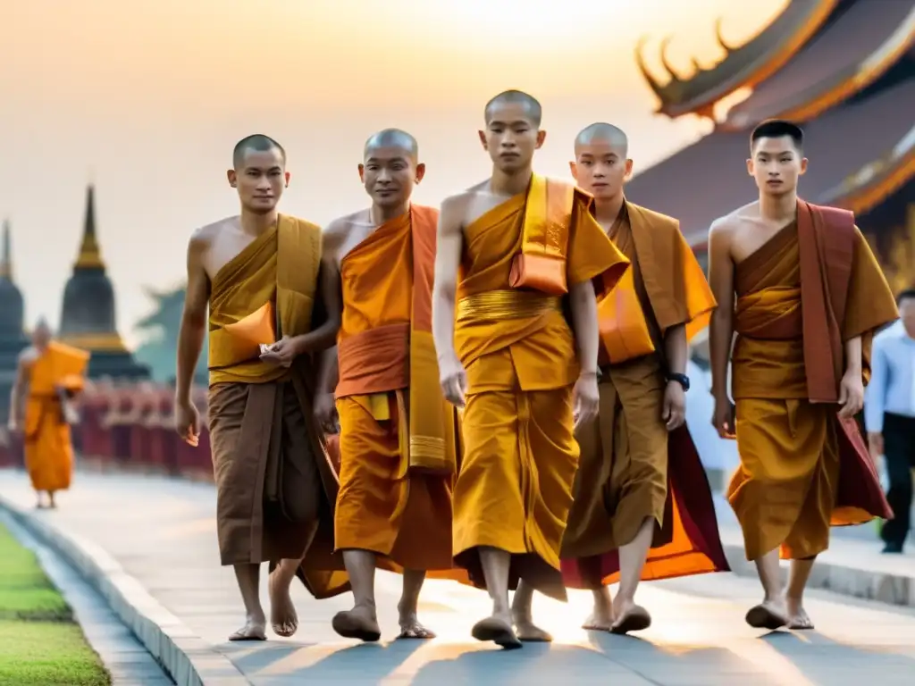 Monjes budistas caminan en procesión en el festival budista Makha Bucha en Tailandia, creando una atmósfera serena y espiritual