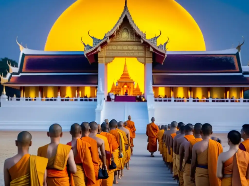 Procesión de monjes budistas en el festival Makha Bucha de Tailandia, con atmósfera reverente y mística iluminación del templo