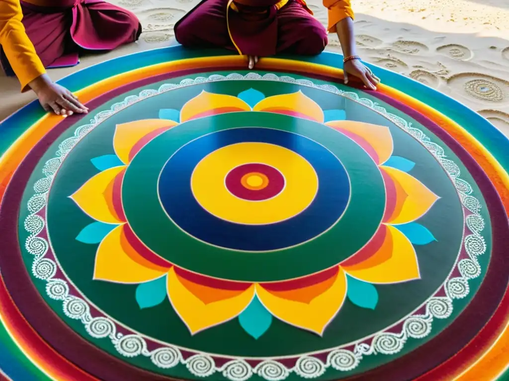 Monjes budistas creando un mandala de arena, con colores vibrantes y detalles intrincados que evocan paz y significado espiritual