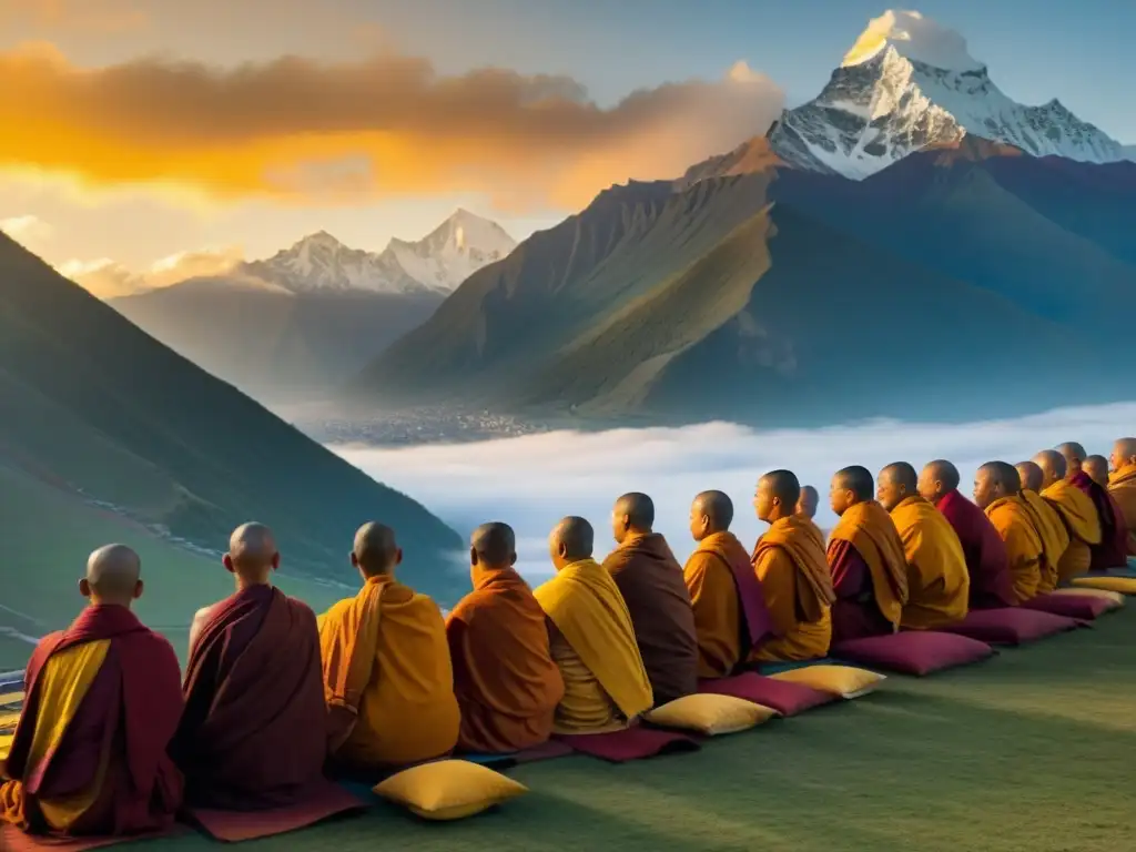 Monjes budistas meditan en un paisaje montañoso neblinoso al amanecer, transmitiendo serenidad y devoción