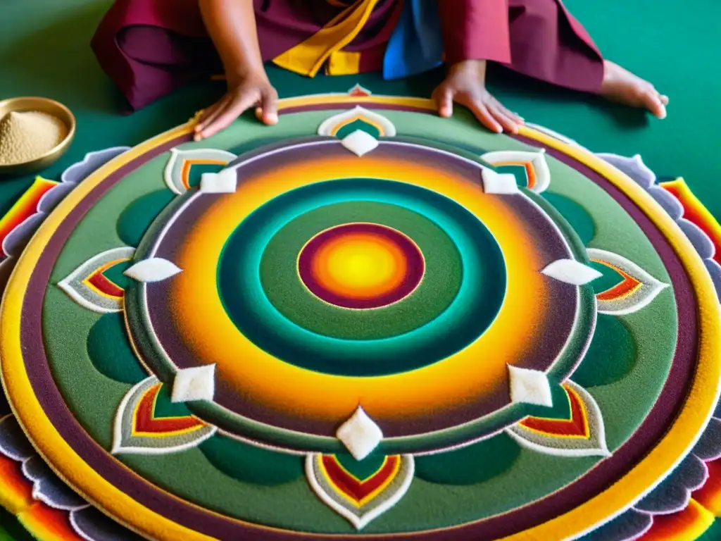 Monjes budistas crean con precisión un mandala de arena, manifestando la influencia del Budismo en arte asiático