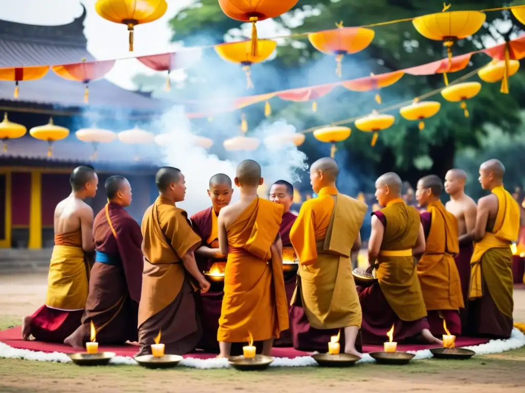 Monjes budistas en ritual del Festival budista Ulambana bajo un árbol Bodhi, rodeados de lámparas y banderas de oración, creando una atmósfera mística