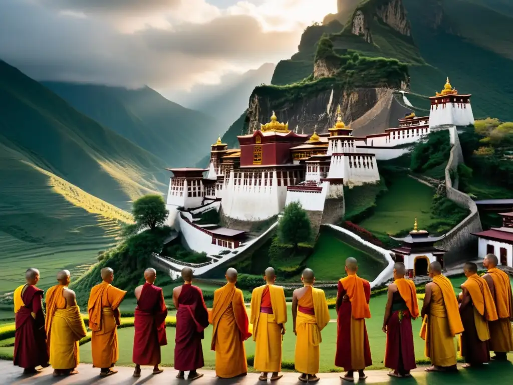 Monjes budistas realizando rituales meditativos al amanecer en un templo tibetano, evocando reencarnaciones en el Budismo