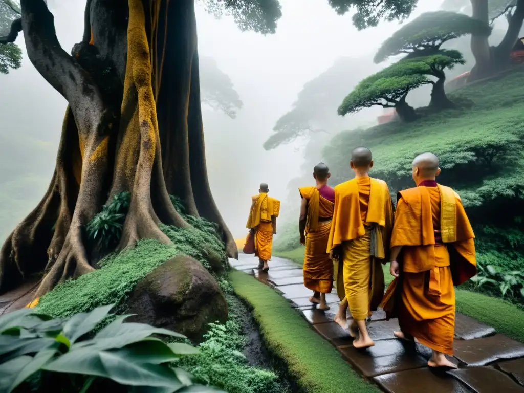 Monjes budistas caminan en procesión por un sendero de montaña, sosteniendo cuencos de bronce