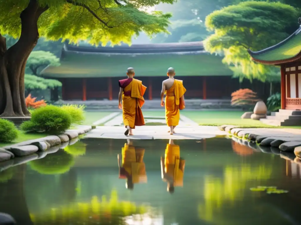 Monjes budistas en un jardín sereno, reflejando la tradición y armonía espiritual de la sociedad asiática