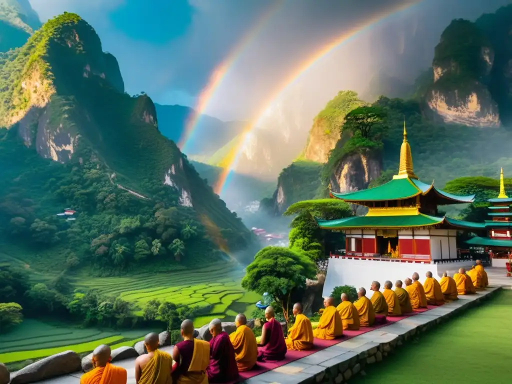 Monjes budistas en oración y meditación en un templo colorido, rodeado de naturaleza exuberante y banderas de oración arcoíris