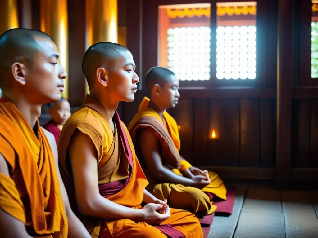 Monjes budistas meditan en un templo iluminado por velas