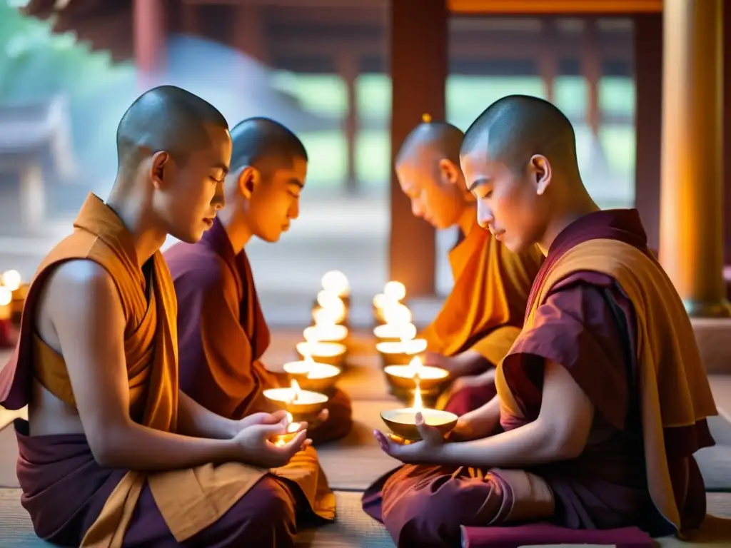 Monjes budistas meditando en un templo tradicional, rodeados de velas