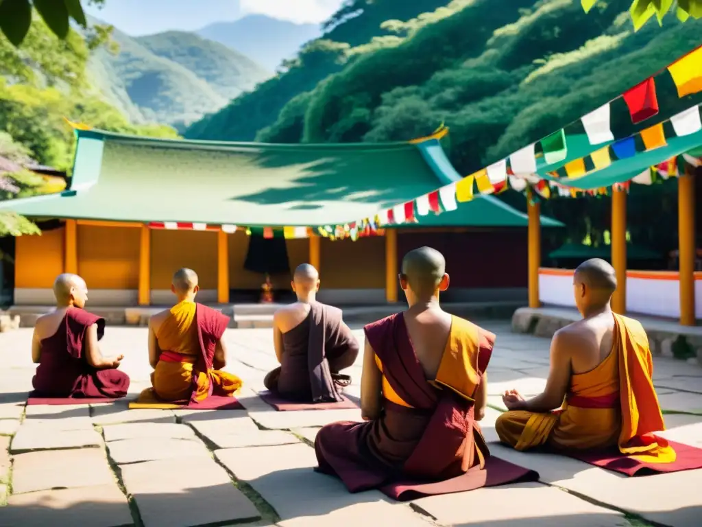 Monjes budistas practican mindfulness en un tranquilo templo, rodeados de naturaleza exuberante y banderas de oración