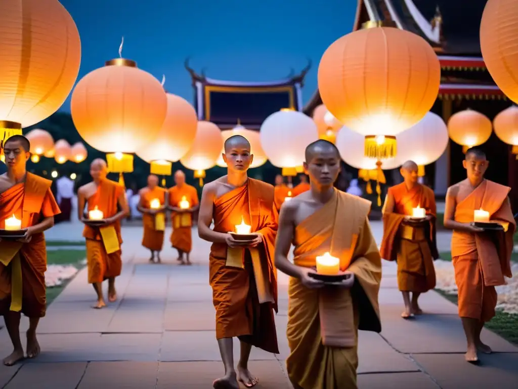 Monjes budistas con túnicas naranjas en el festival budista Makha Bucha Tailandia, iluminados por linternas y la luna llena