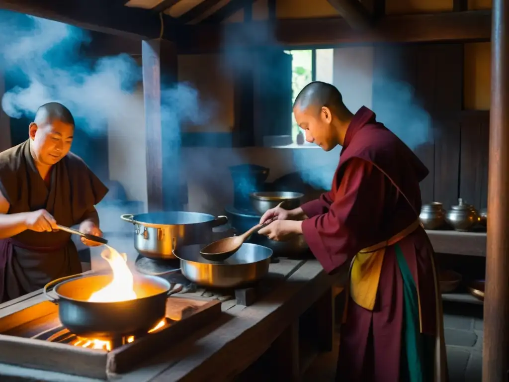 Monjes cocinando en una cocina monástica coreana, iluminada por velas, creando platos aromáticos y coloridos