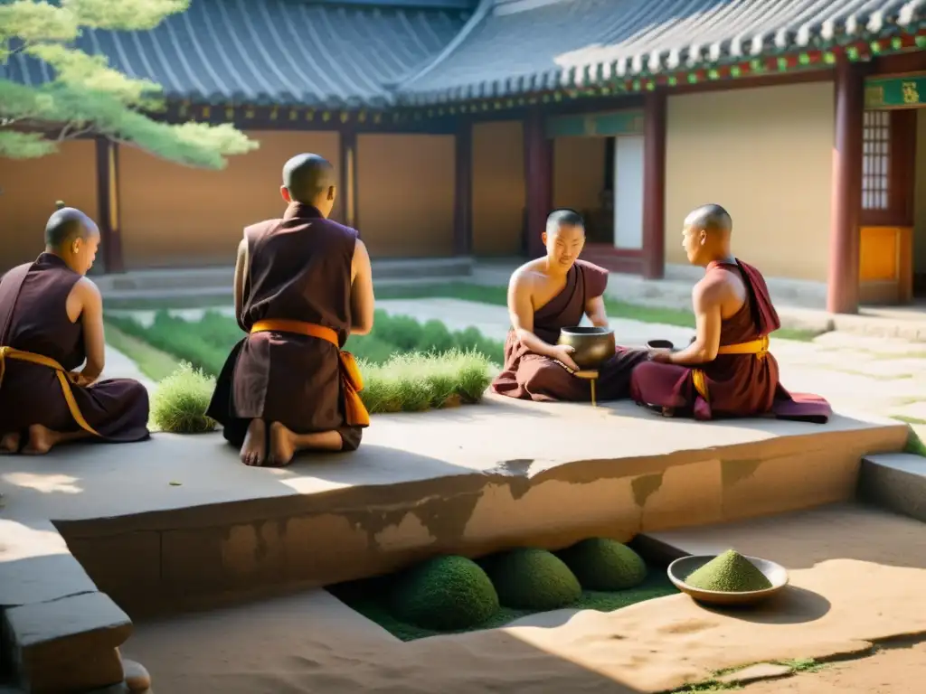 Monjes coreanos preparando hierbas y especias en un patio soleado de un monasterio, en un ritual culinario lleno de espiritualidad y sabor