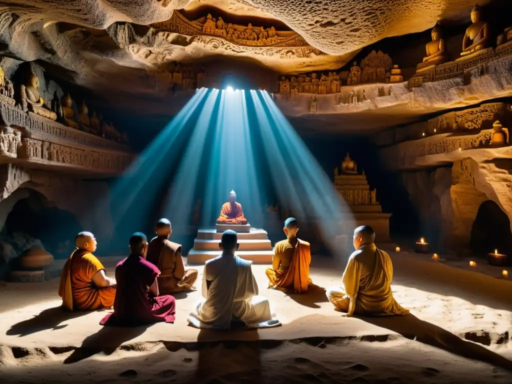 Monjes en meditación en cueva sagrada iluminada por luz natural en Asia