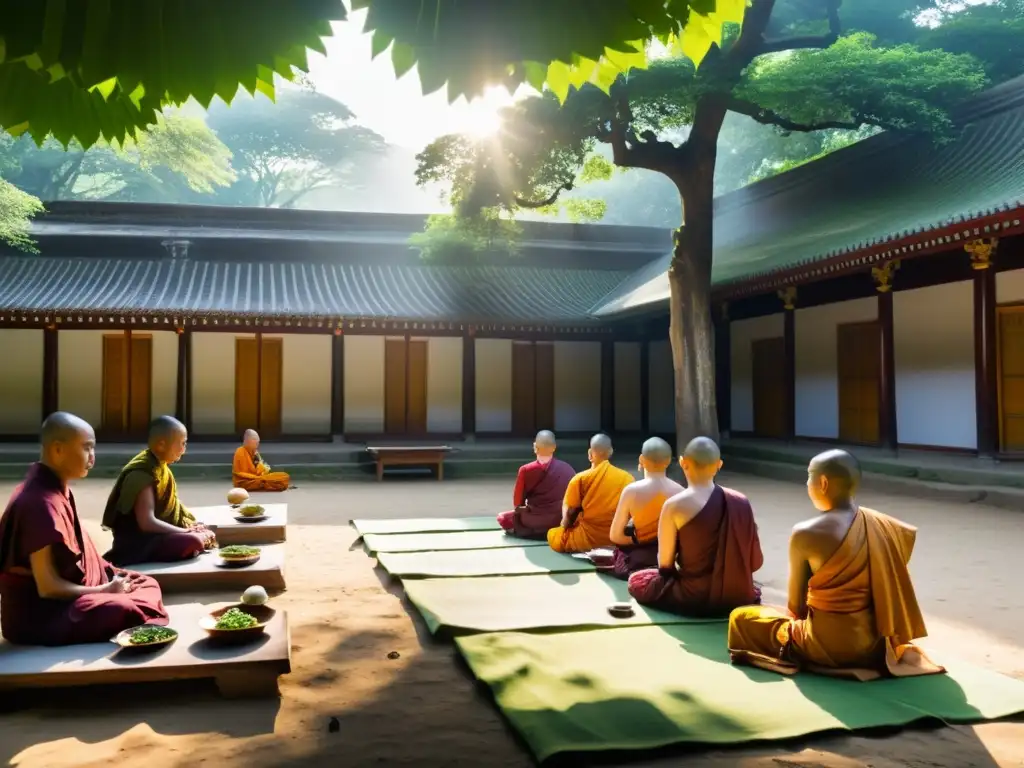 Monjes y devotos budistas disfrutan de una tranquila comida vegetariana en un sereno patio de templo, reflejando paz y compasión