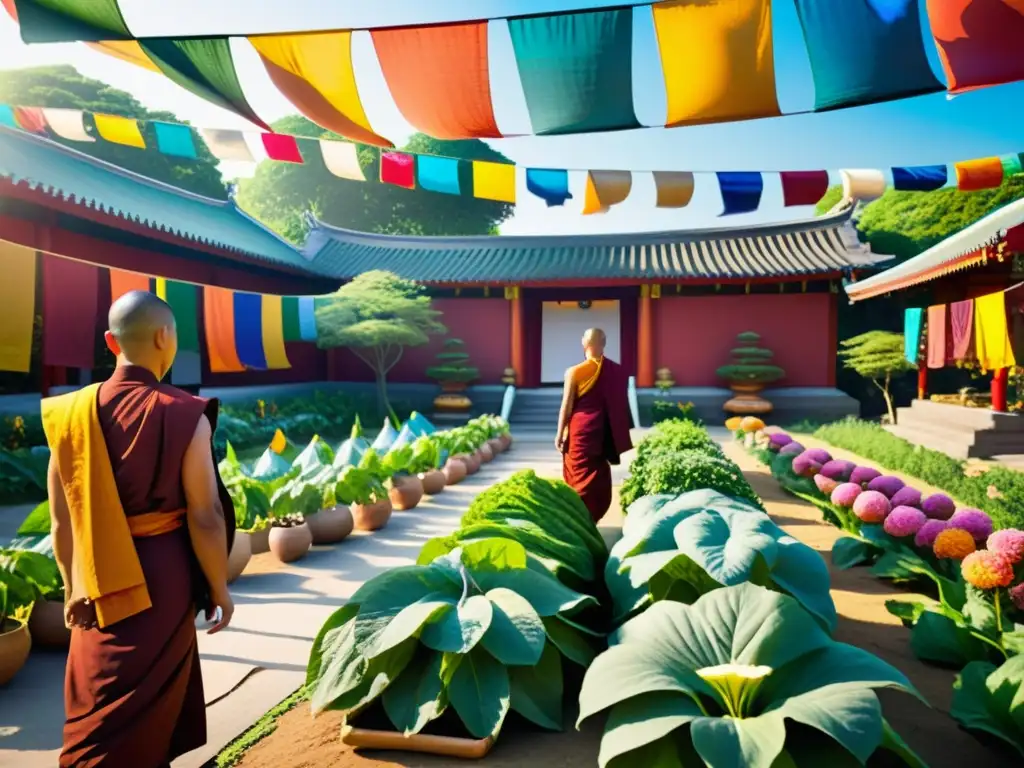 Monjes cuidan un exuberante jardín en un tranquilo templo budista, con banderas de oración ondeando