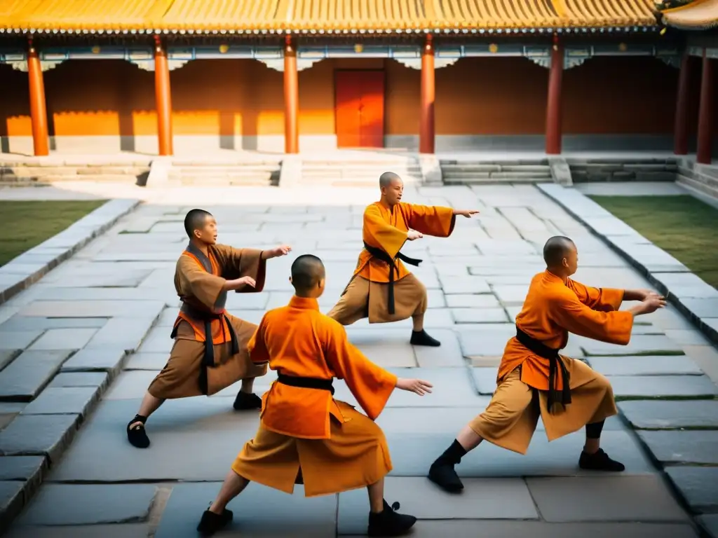 Monjes guerreros Shaolin practican artes marciales en templo ancestral Monjes guerreros practican tradición marcial budista en sereno templo al atardecer