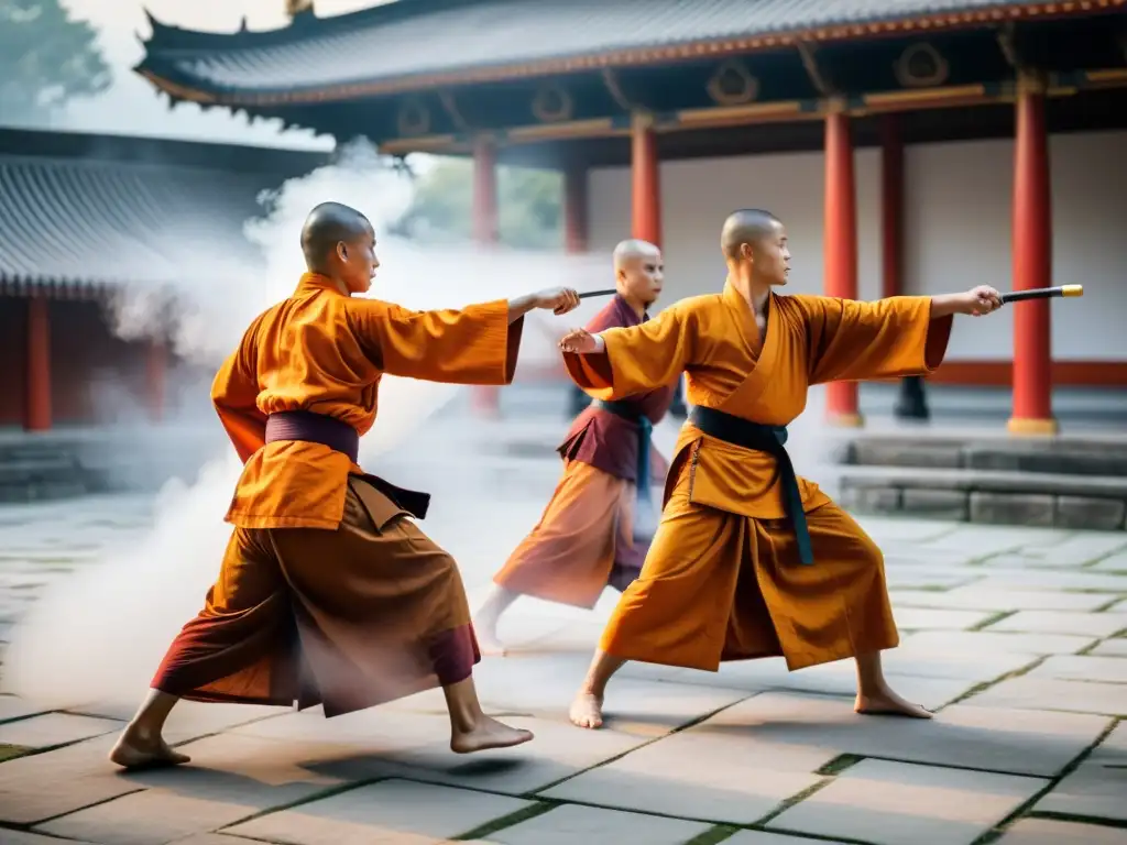 Monjes guerreros practican artes marciales en un templo al amanecer Monjes guerreros budistas practican artes marciales en un templo sereno, envueltos en la atmósfera mística de la tradición marcial budista