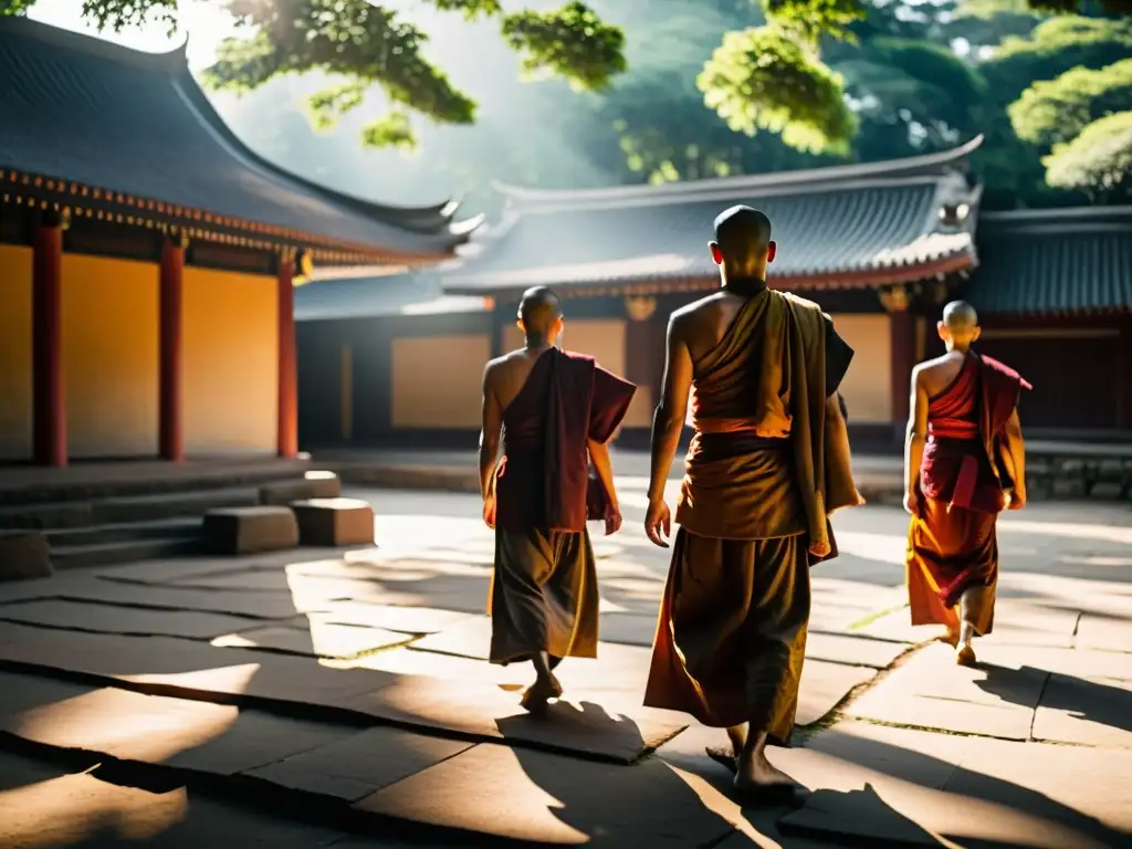 Monjes guerreros budistas: Entrenamiento ancestral Monjes guerreros budistas practican tradición marcial en hermoso templo, transmitiendo disciplina espiritual y fuerza interior