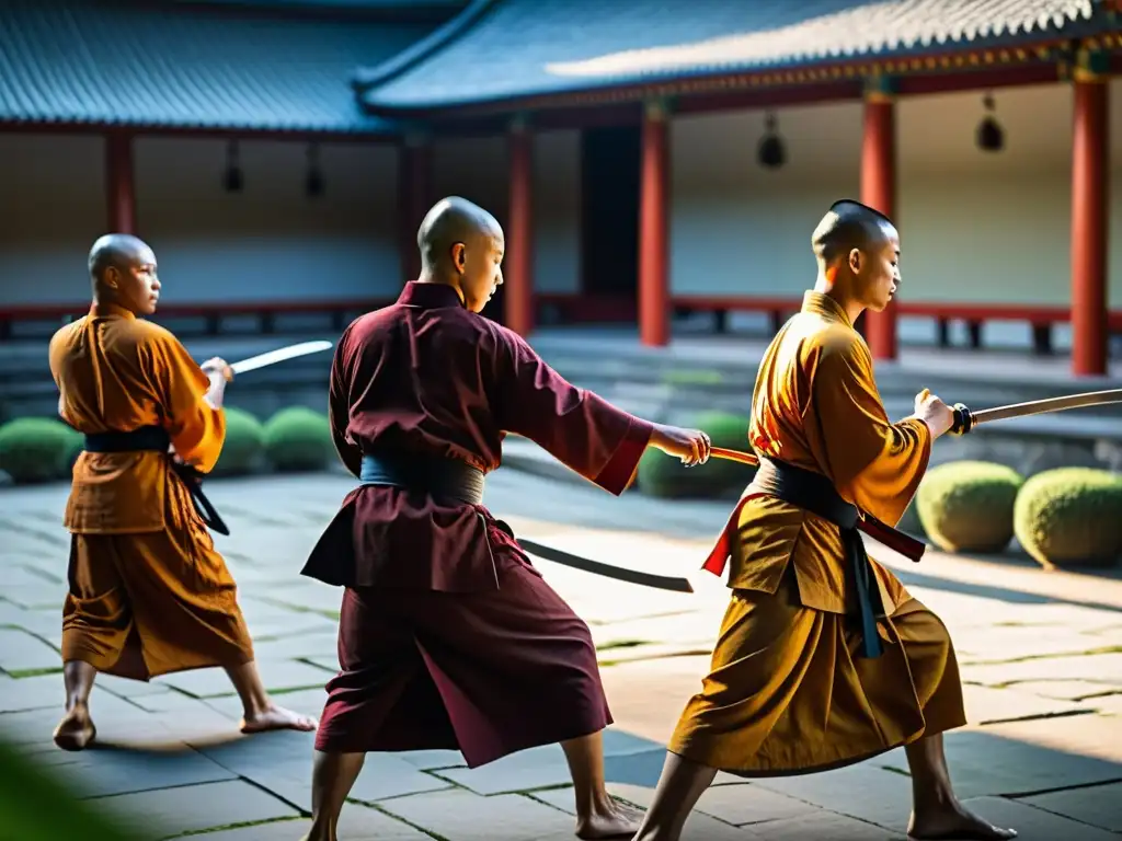 Monjes guerreros budistas entrenan en templo Monjes guerreros budistas practican tradición marcial en sereno templo