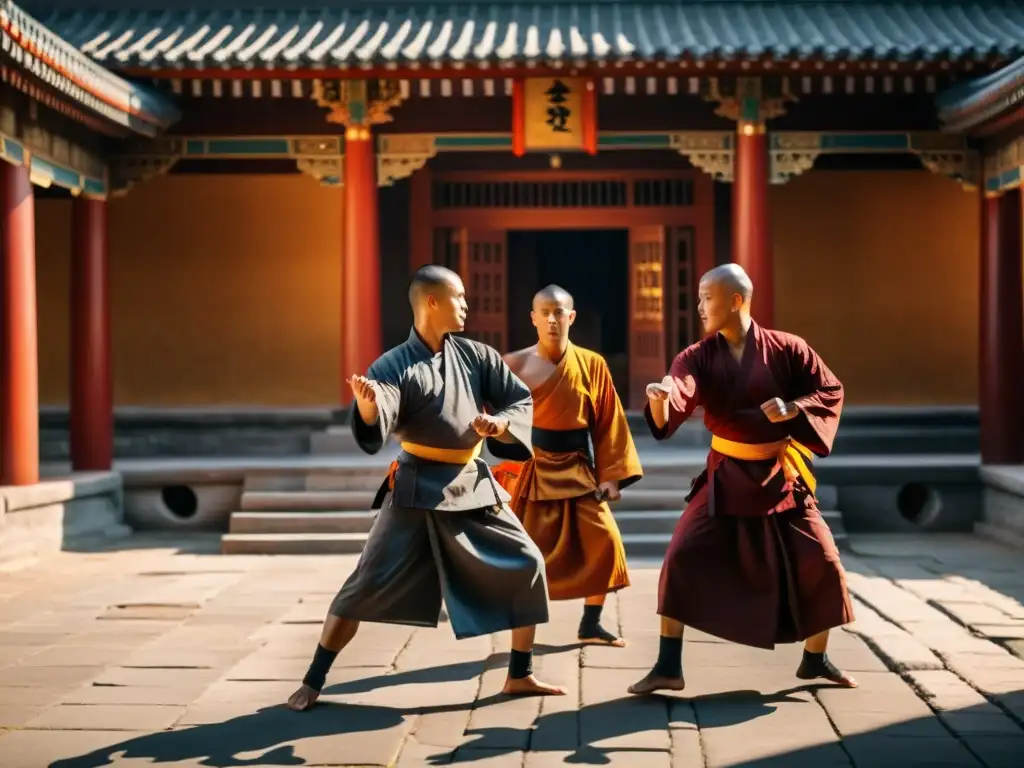 Monjes guerreros budistas practicando artes marciales al amanecer Monjes guerreros budistas practicando tradición marcial en templo al amanecer