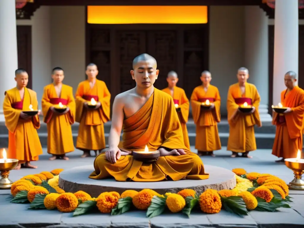 Monjes jainistas recitan el Sutra del Loto en un templo iluminado por lámparas de aceite, con garlands de caléndula adornando el altar