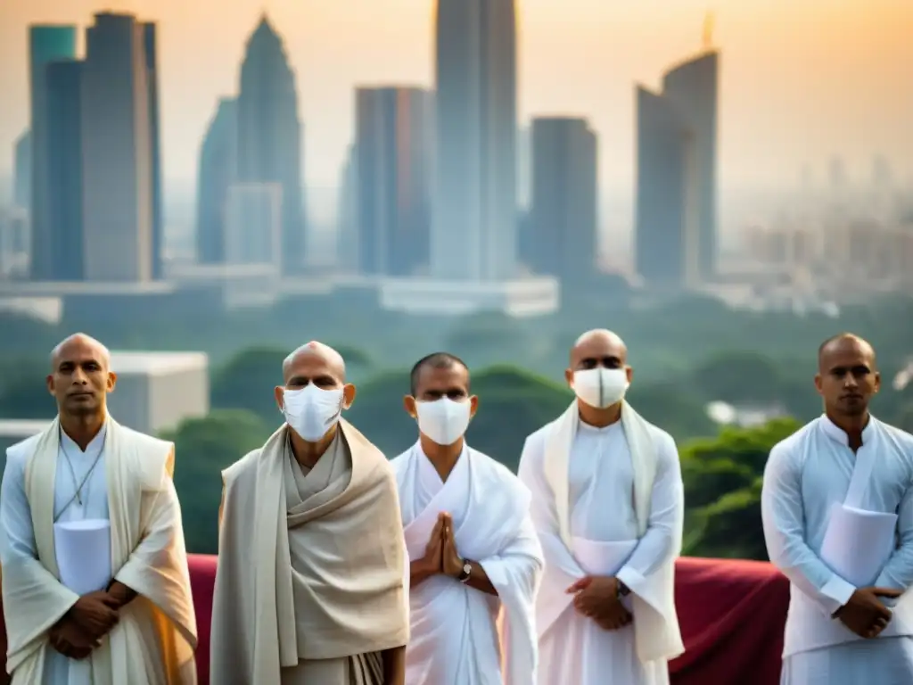 Monjes jainistas en protesta pacífica, meditando en silencio con máscaras blancas, contrastando con la bulliciosa ciudad moderna