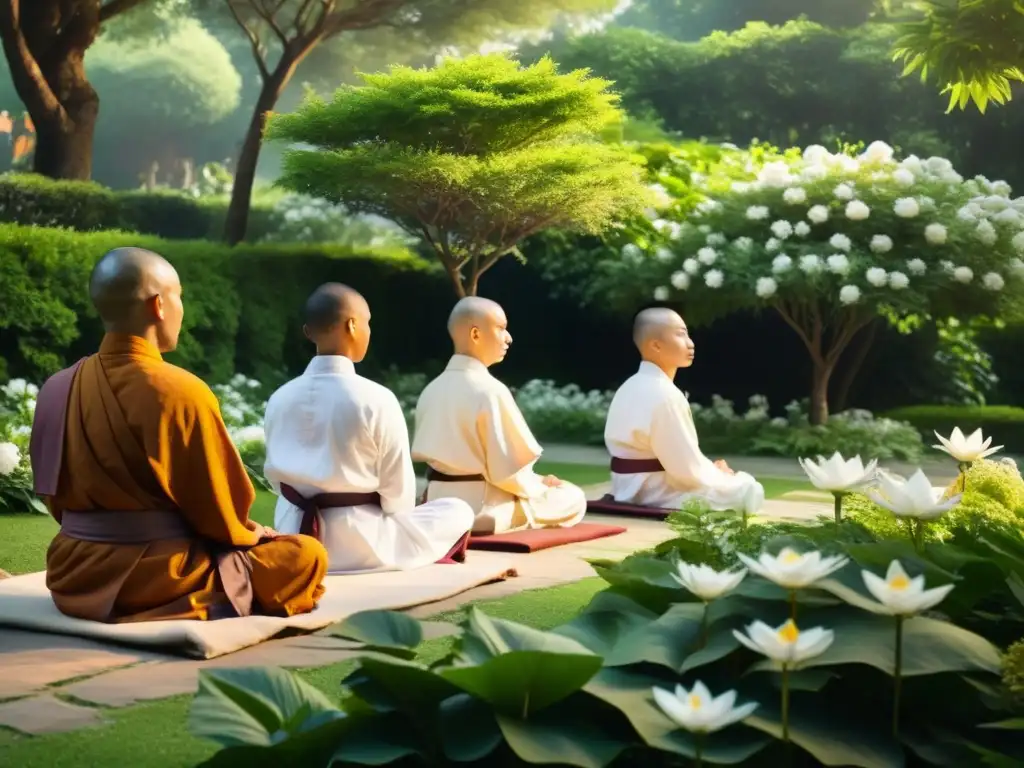 Monjes Jainistas meditando en jardín sereno, vistiendo túnicas blancas