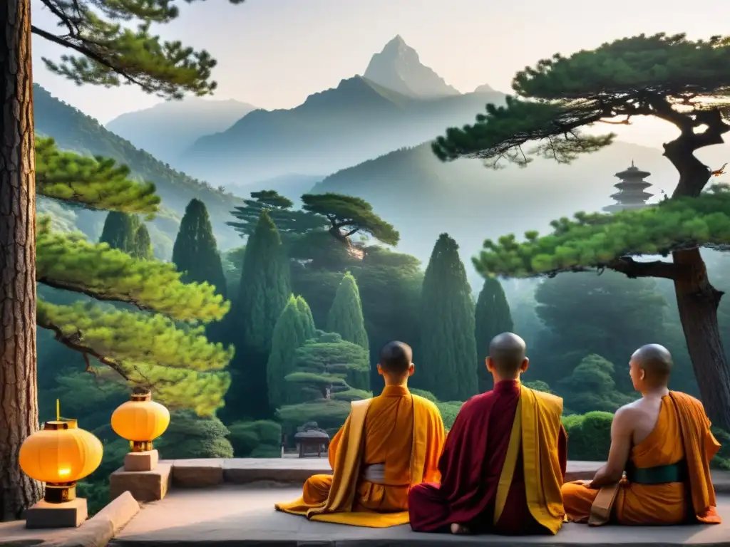 Monjes en meditación profunda en un templo tranquilo, con un paisaje de montaña neblinoso de fondo