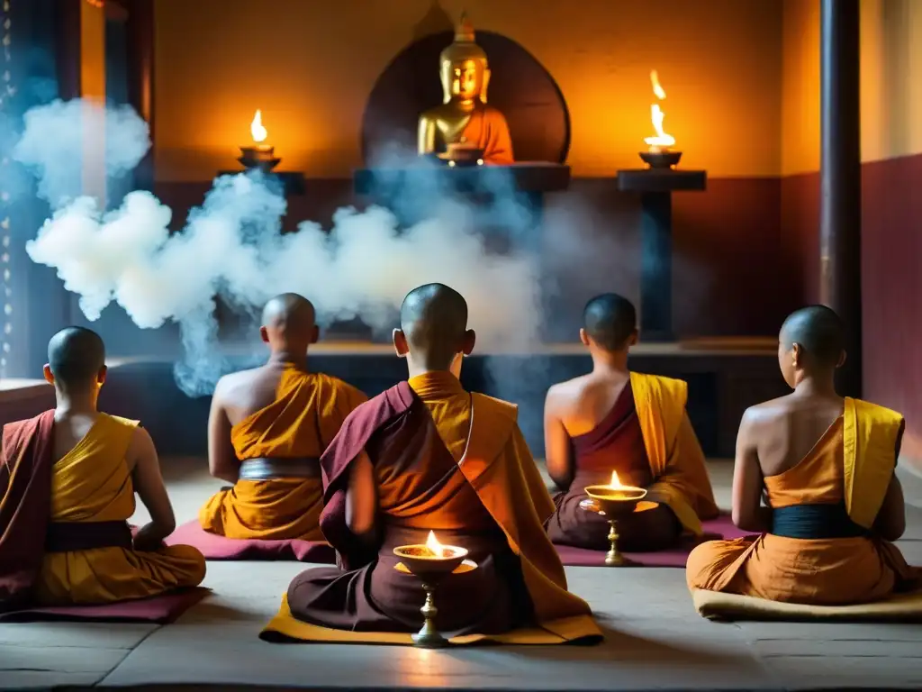 Monjes en meditación en un monasterio budista, iluminados por velas