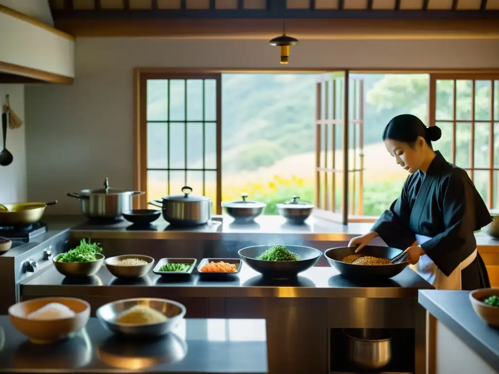 Monjes y monjas preparan platos en la cocina monástica coreana, destacando la iluminación natural y el sabor de los ingredientes frescos