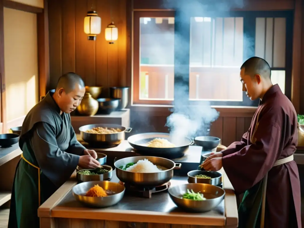 Monjes cocinando platos coreanos en una cocina monástica con calidez y serenidad