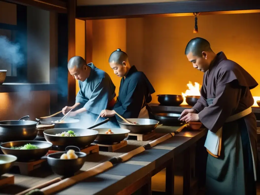 Monjes preparando platos Zen en un templo japonés, con utensilios y ingredientes coloridos, en una cocina iluminada por linternas