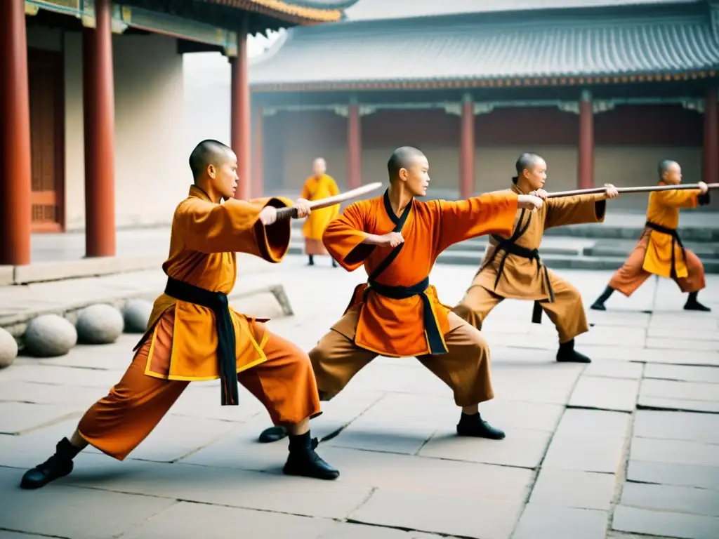 Monjes Shaolin practicando kung fu en un patio cubierto de niebla, demostrando su disciplina y destreza en el arte marcial