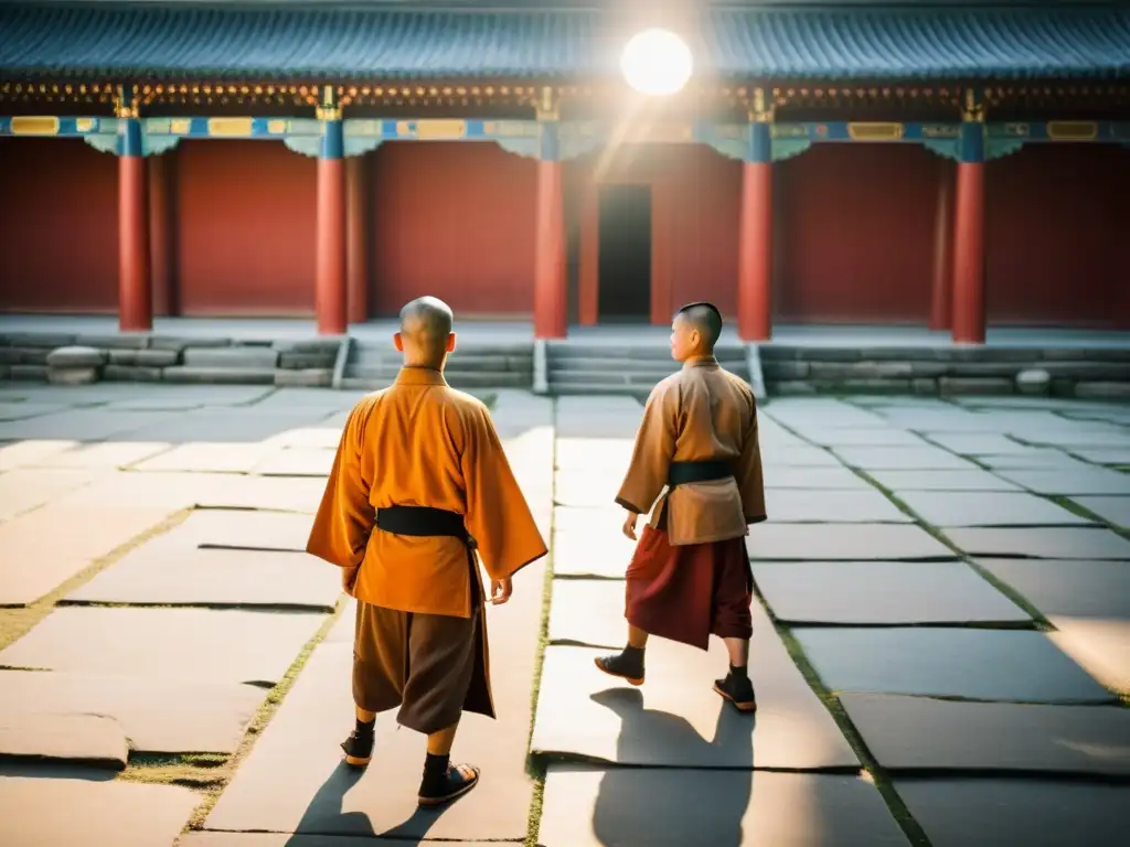 Monjes Shaolin practican técnicas de curación en un tranquilo patio del templo al atardecer