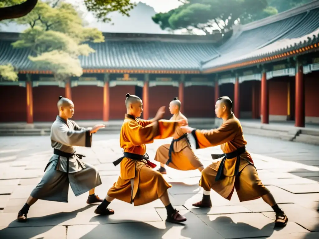 Monjes Shaolin practican Kung Fu en un templo tradicional, envueltos en intensa disciplina y enfoque