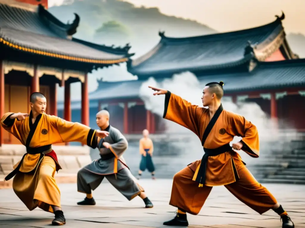 Monjes Shaolin practican Wushu al amanecer, demostrando su influencia en el Wushu moderno