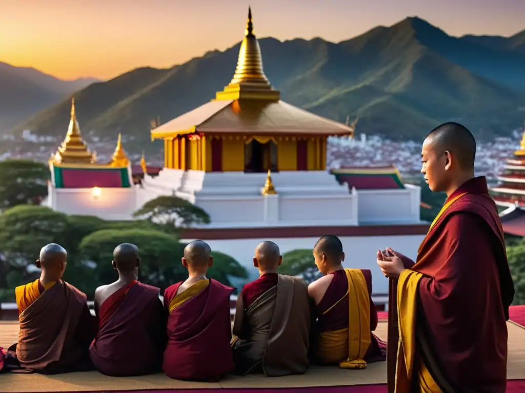 Monjes meditando en un templo budista al atardecer, mostrando la integración del papel de los astros en el budismo