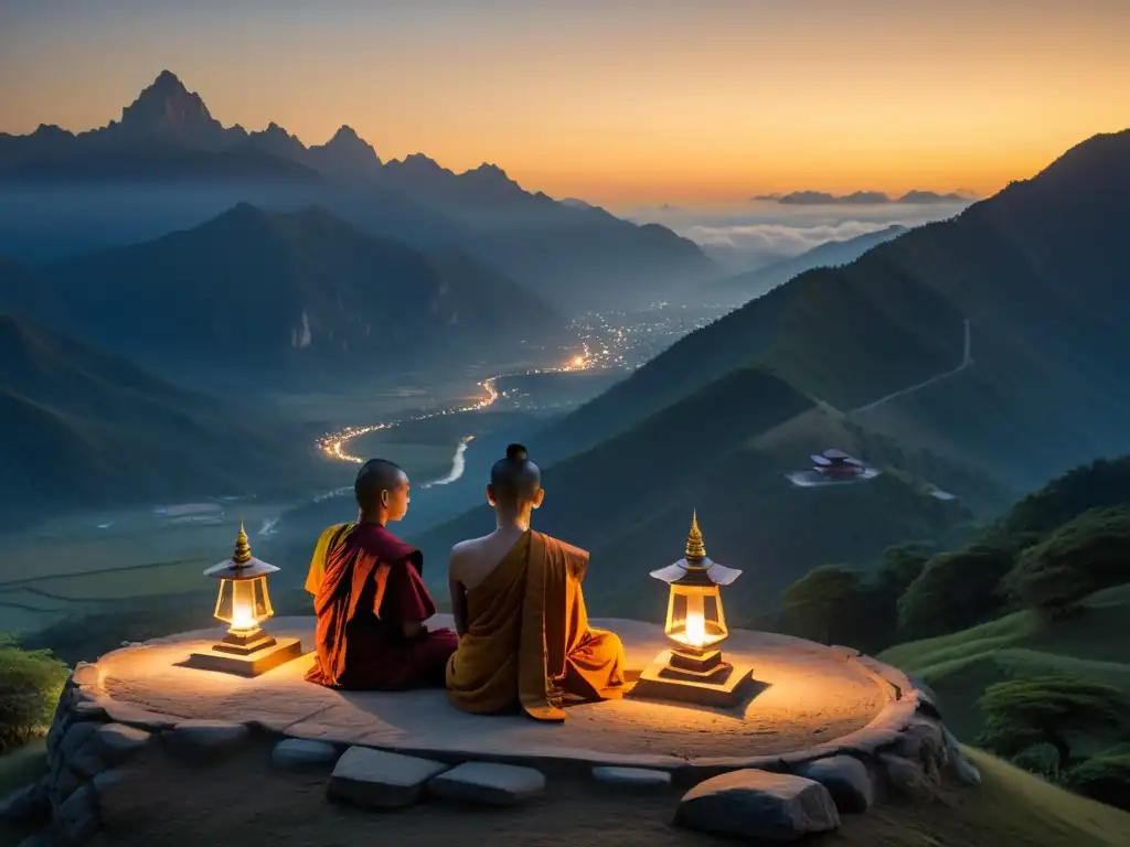 Monjes meditan en templo budista en la cima de montaña, en escena de serenidad y conexión con la naturaleza