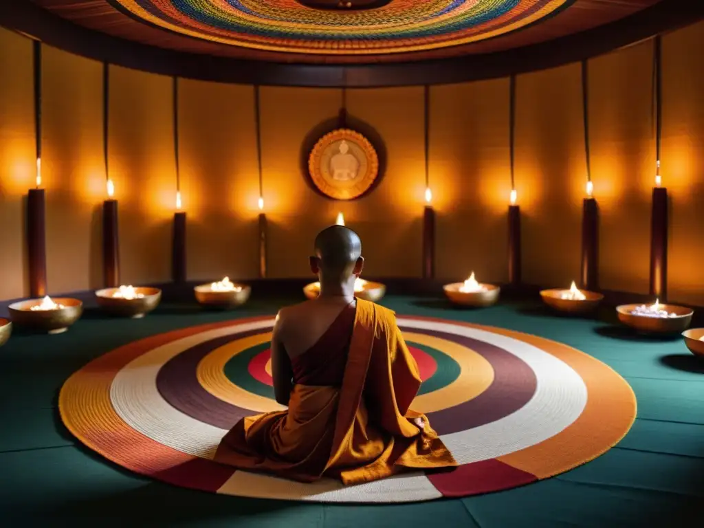 Monjes meditando en un templo budista, iluminados por la luz suave