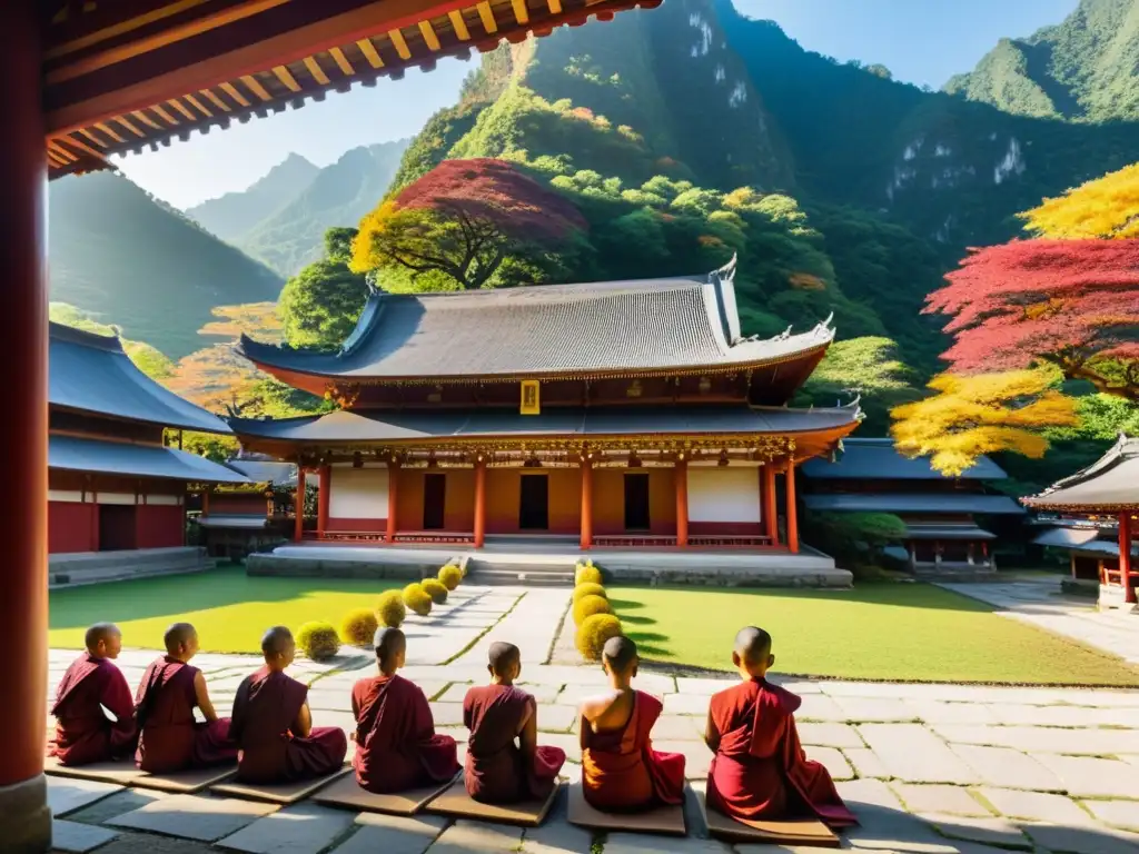 Monjes meditan en un templo budista rodeado de naturaleza en otoño, mostrando la relación entre budismo y ciencia