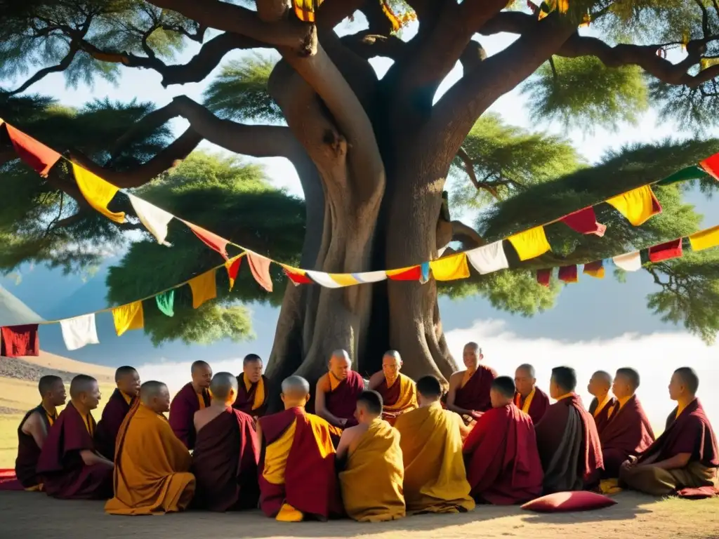 Monjes tibetanos bajo árbol centenario, con enseñanzas tibetanas era digital