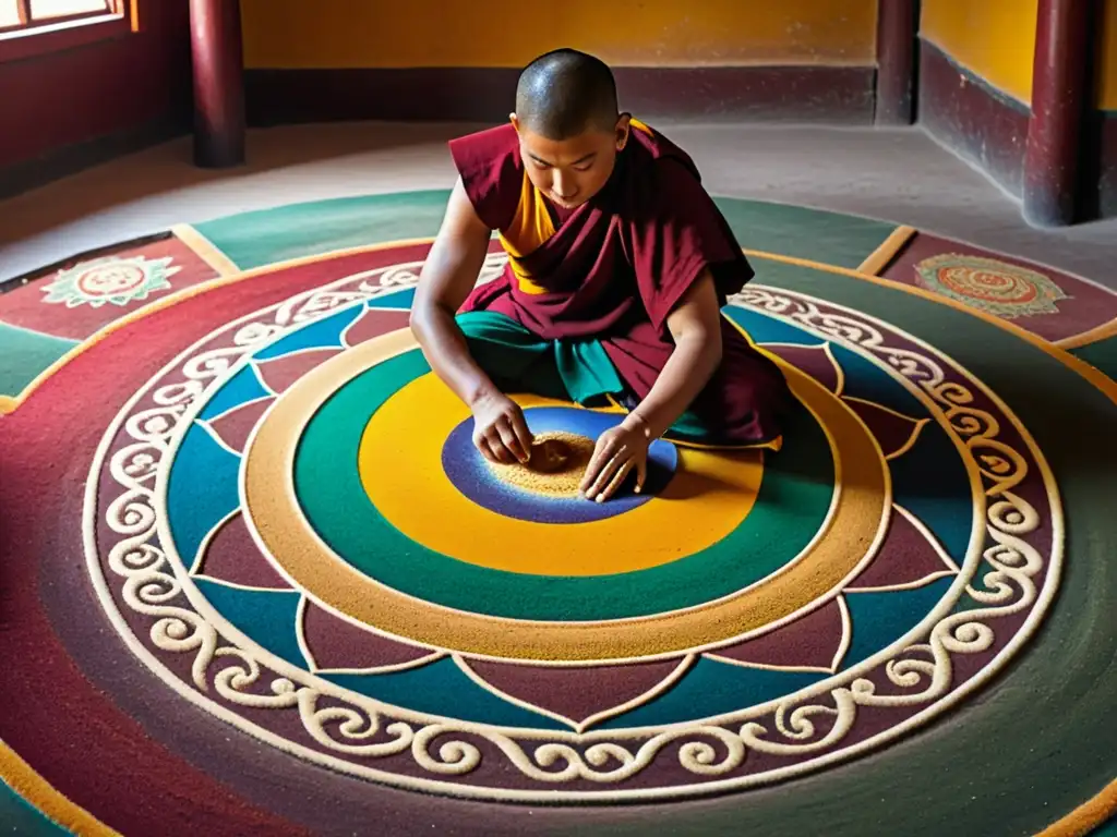 Monjes tibetanos crean mandala de arena con precisión y concentración en monasterio