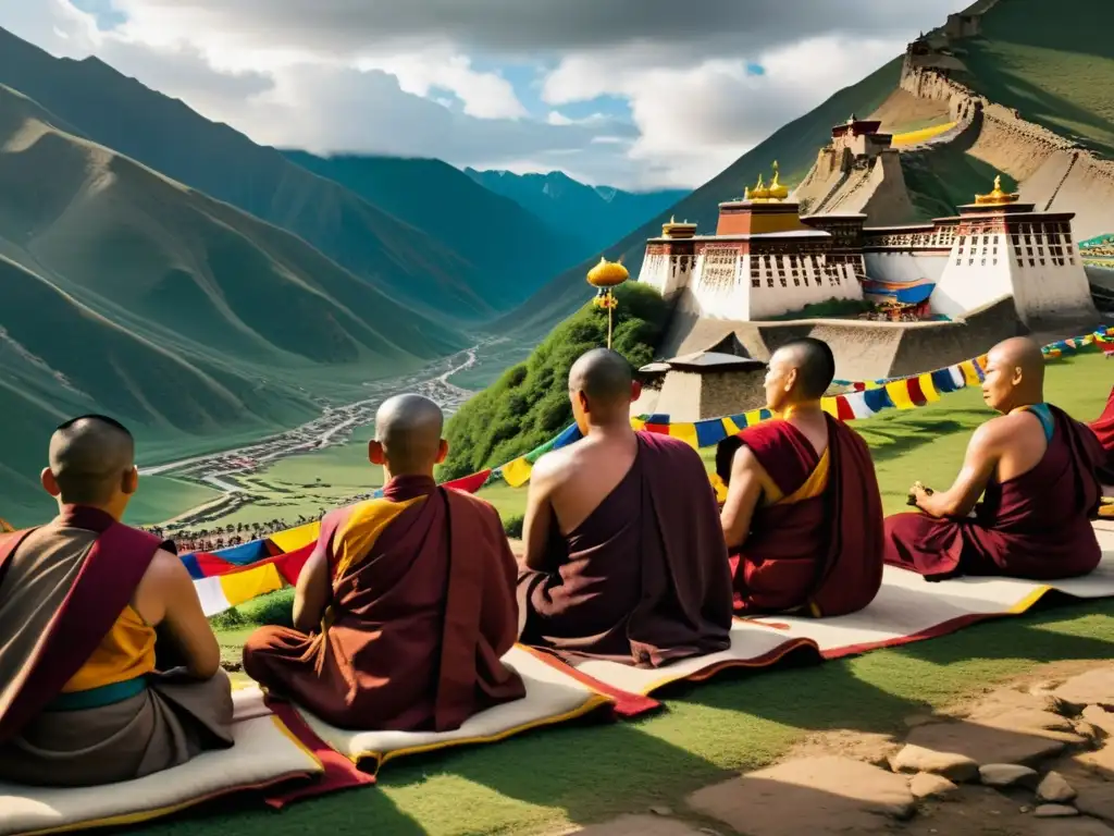 Monjes tibetanos en ceremonia de medicina tradicional para curar estrés en entorno montañoso y espiritual