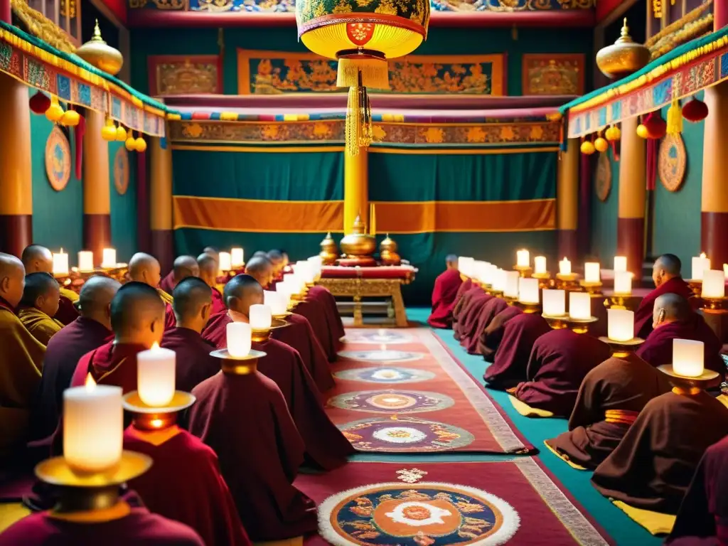 Monjes tibetanos realizan ceremonia religiosa en un monasterio decorado, evocando el poder espiritual del lamaísmo en el histórico Tíbet