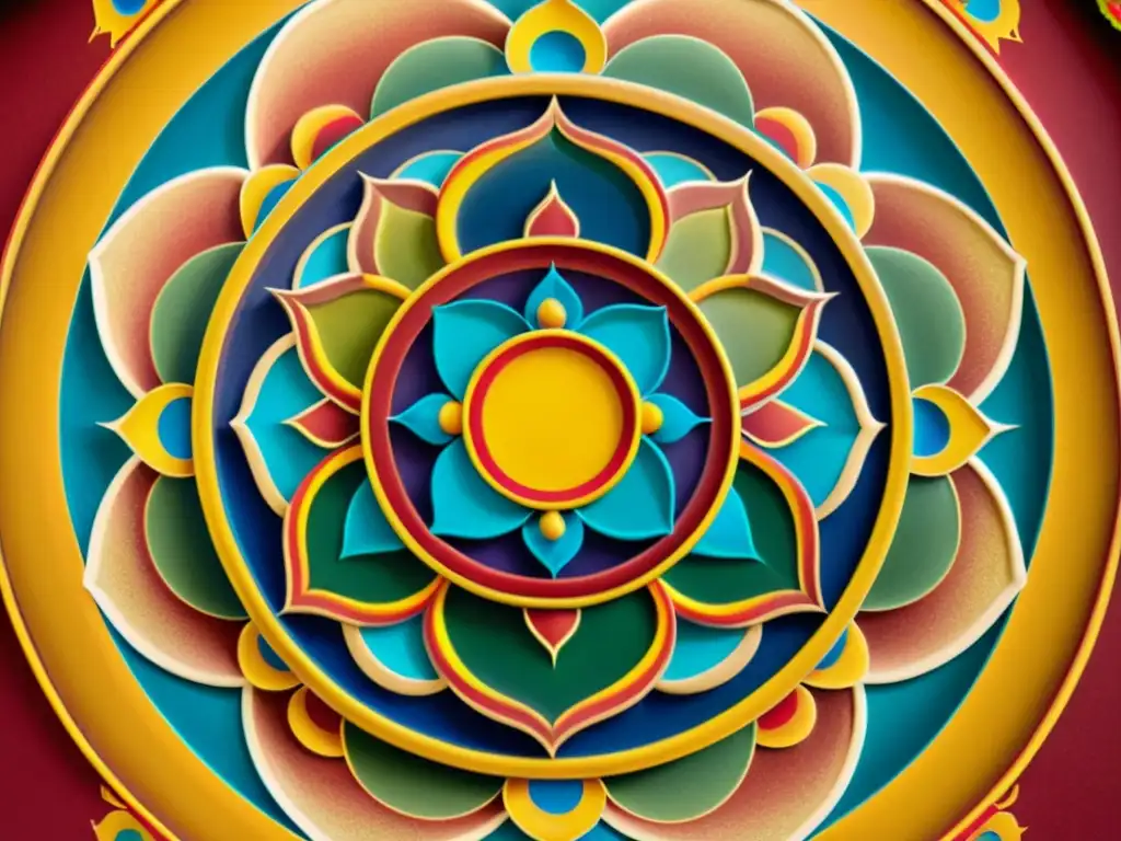 Monjes tibetanos crean un mandala de arena, reflejando enseñanzas tibetanas sobre desarrollo creativo y espiritual