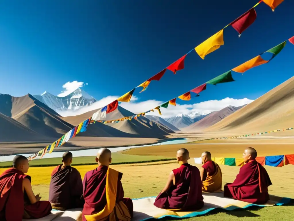 Monjes tibetanos meditan en paisaje montañoso