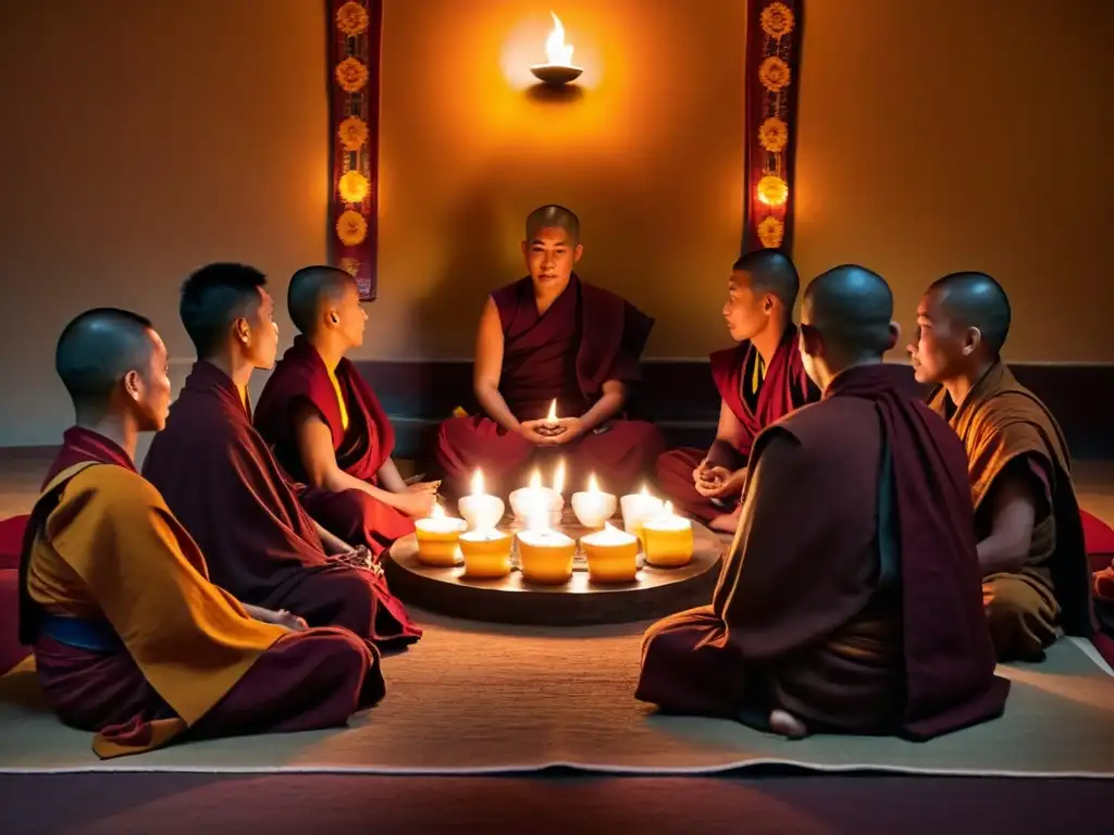 Monjes tibetanos reunidos en círculo, iluminados por velas, en profunda meditación y discusión